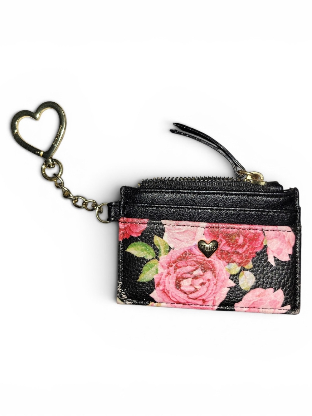 Juicy Couture Black Card Wallet with Pink Rose Print and Heart Keychain